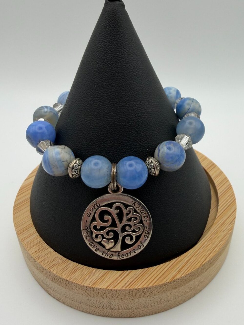 Blue Dyed Agate "Mom - You are the Heart of our Family" Stretch Bracelet
